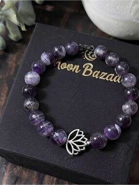 Amethyst Beaded Lotus Charm Bracelet Stretch Bracelet